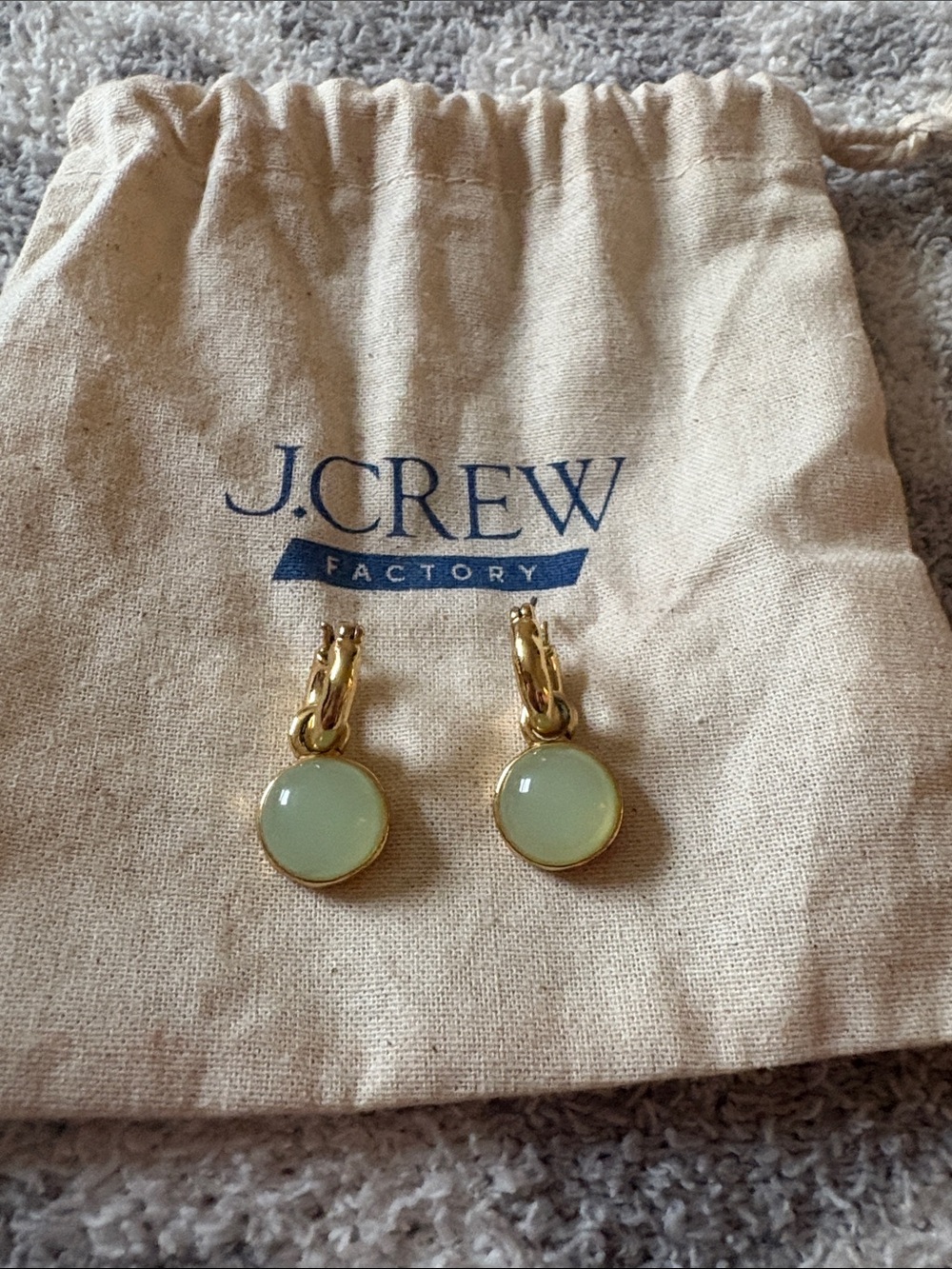 J. Crew Gold Hoop Earrings with Pale Green Stone Drops